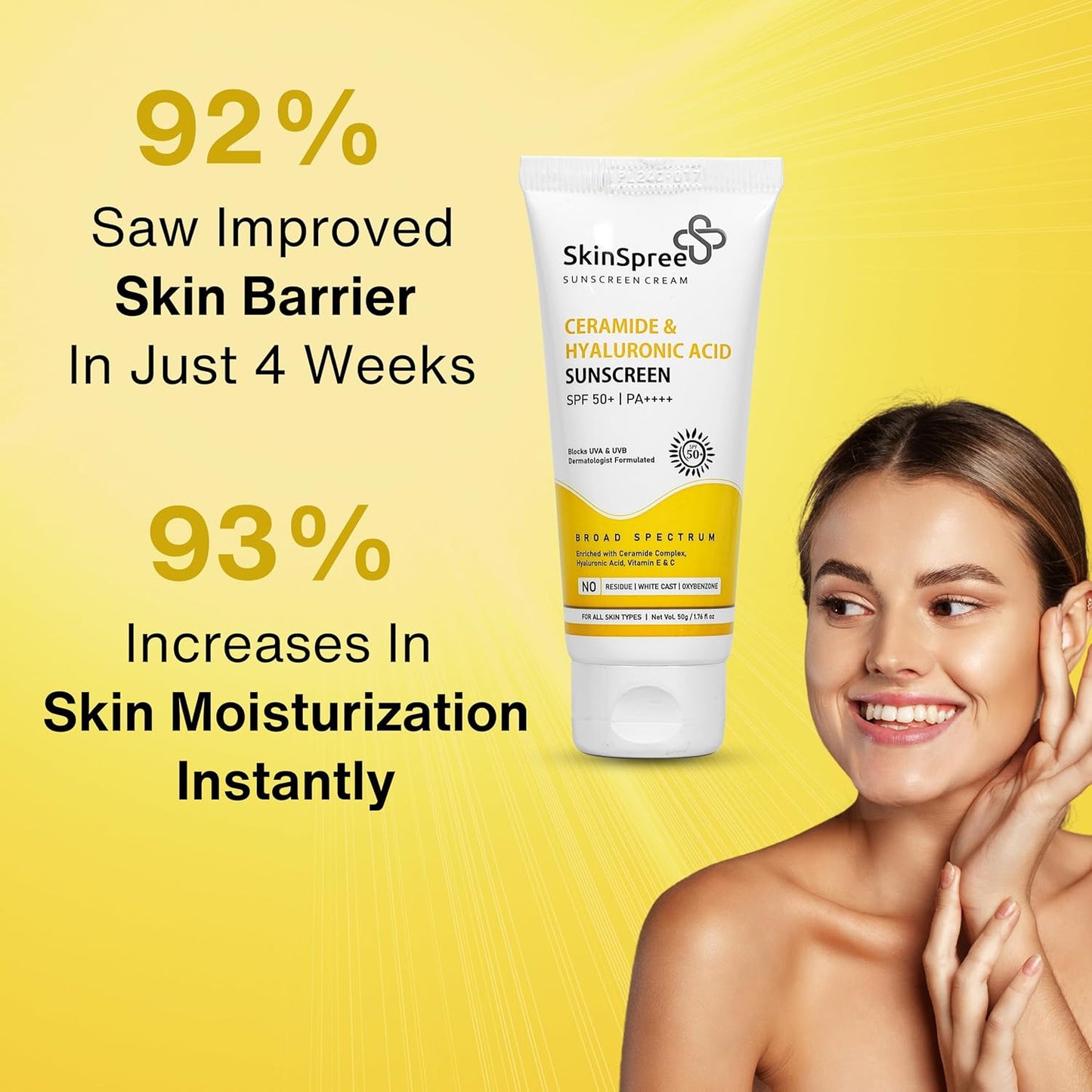 Skinspree Sunscreen SPF 50 For Oily/Dry/Combination Skin | PA++++ for UVA, UVB and Blue Light Protection | Non Comedogenic | No White Cast | Lightweight Cream Formula For Men And Women | 50gm