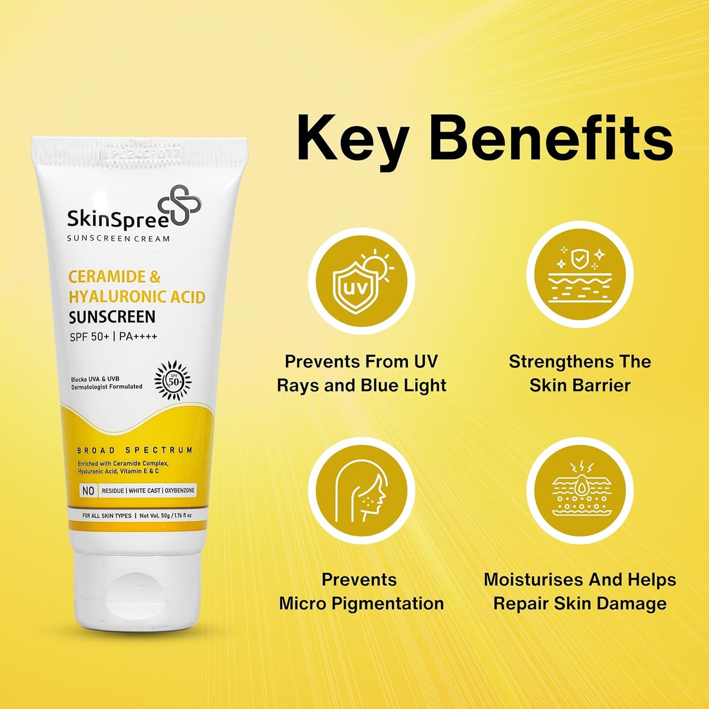 Skinspree Sunscreen SPF 50 For Oily/Dry/Combination Skin | PA++++ for UVA, UVB and Blue Light Protection | Non Comedogenic | No White Cast | Lightweight Cream Formula For Men And Women | 50gm
