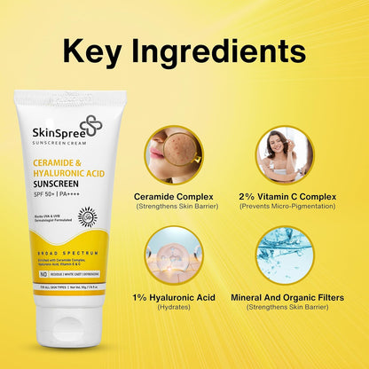 Skinspree Sunscreen SPF 50 For Oily/Dry/Combination Skin | PA++++ for UVA, UVB and Blue Light Protection | Non Comedogenic | No White Cast | Lightweight Cream Formula For Men And Women | 50gm
